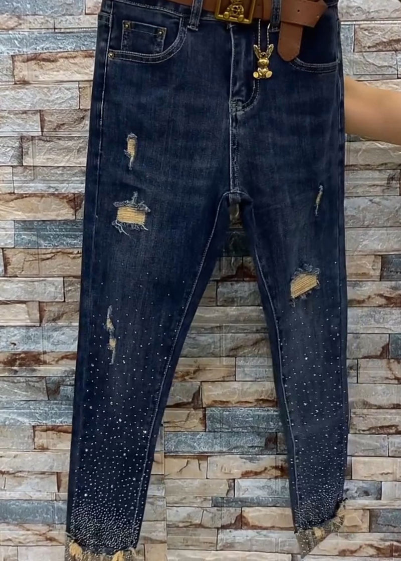 Blue Pockets Zircon Patchwork Denim Crop Pants Fall