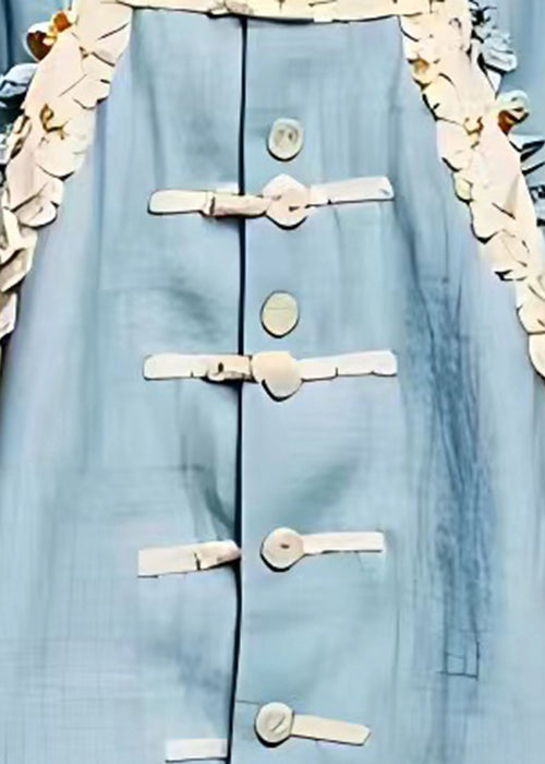 Blue Print Button Cotton Coats Bracelet Sleeve