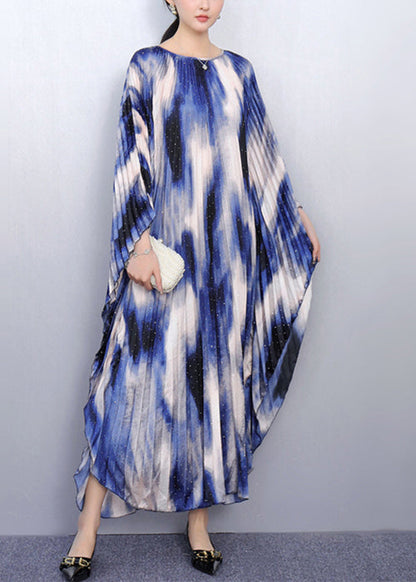 Blue Print Oversized Long Dresses Batwing Sleeve