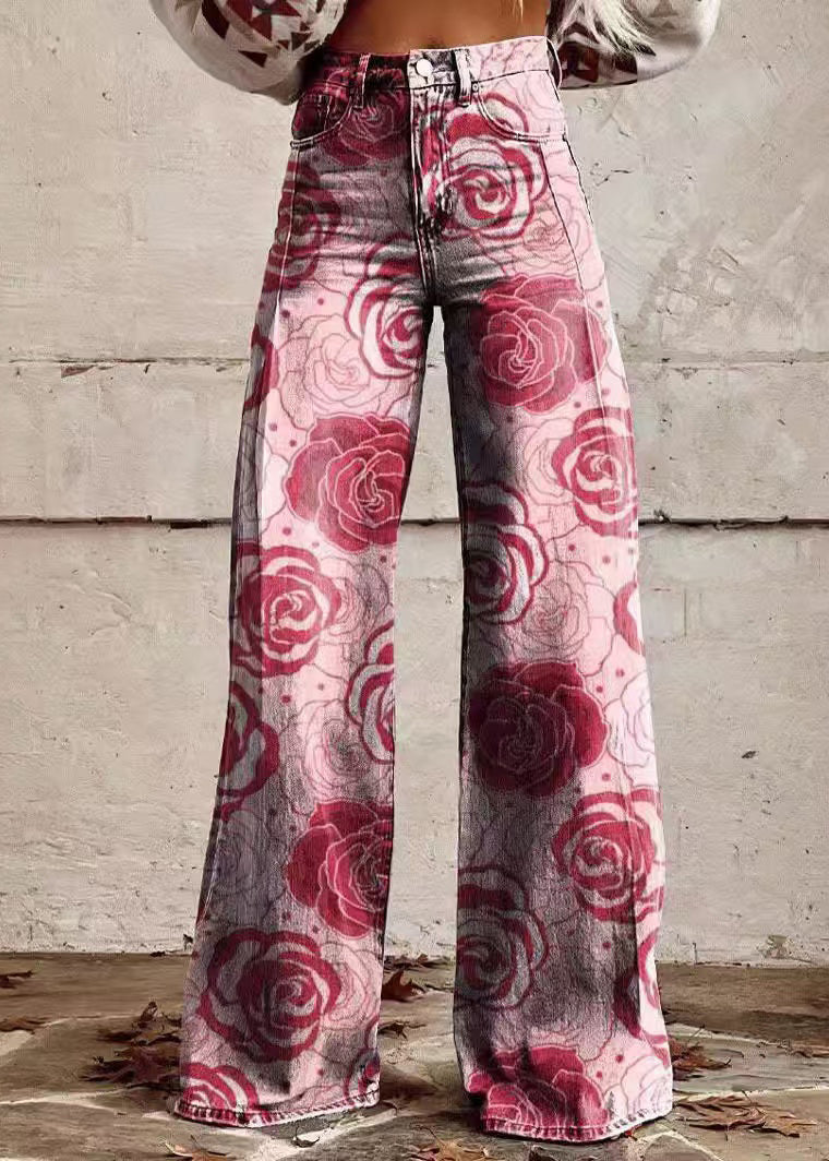 Blue Print Pockets Denim Wide Leg Pants Spring