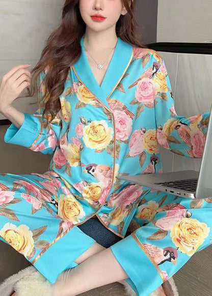 Blue Roses Print Blouses and Pants Ice Silk Pajamas Two Pieces Set Spring