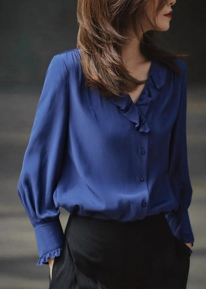 Chic Blue Ruffled Draping Chiffon Blouses Spring