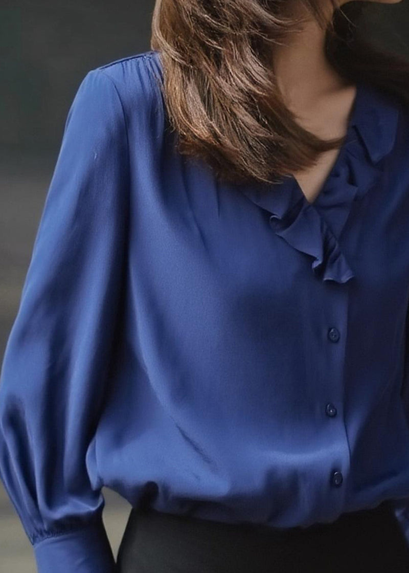 Blue Ruffled Draping Chiffon Blouses Spring