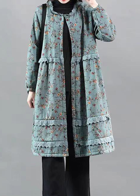 Blue Ruffled Lace Patchwork Warm Fleece Coat Fall