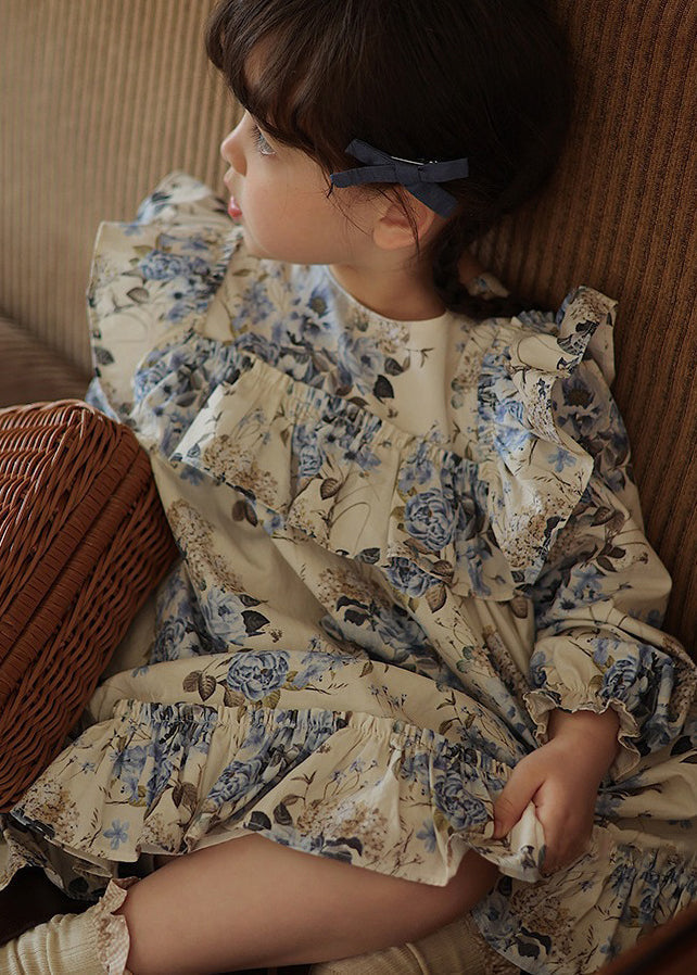 Blue Ruffled Patchwork Kids Vacation Long Dresses Fall