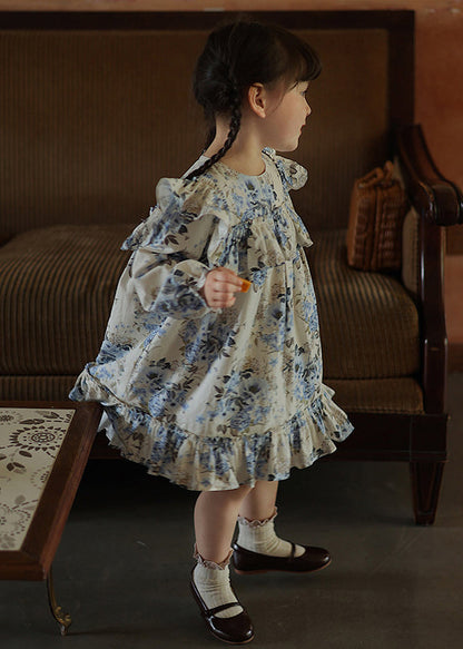 Blue Ruffled Patchwork Kids Vacation Long Dresses Fall