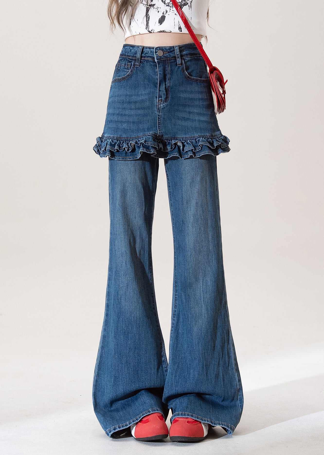 Blue Ruffled Pockets Patchwork Denim Flared Trousers Spring
