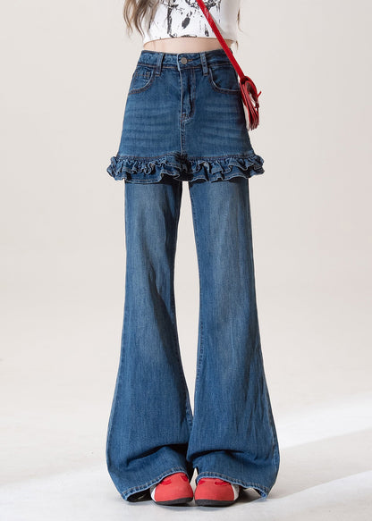 Blue Ruffled Pockets Patchwork Denim Flared Trousers Spring