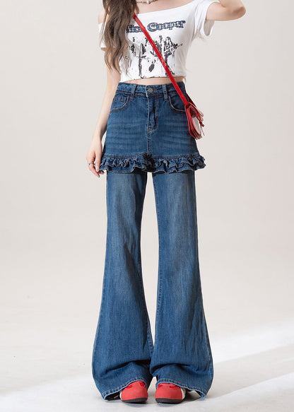 Blue Ruffled Pockets Patchwork Denim Flared Trousers Spring