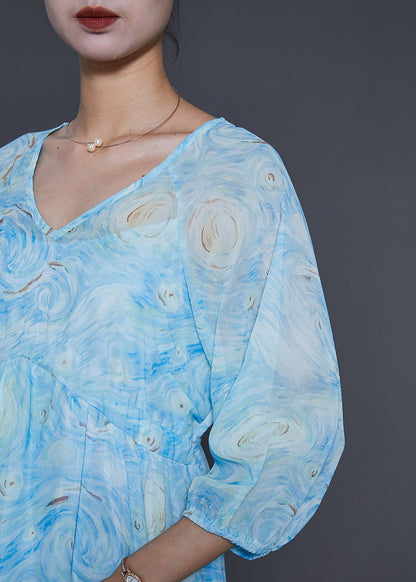 Blue Ruffled Print Chiffon Maxi Dresses Bracelet Sleeve