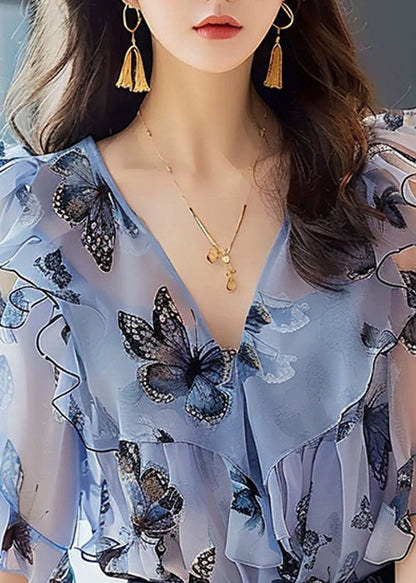 Blue Ruffled Print Chiffon Shirts Half Sleeve
