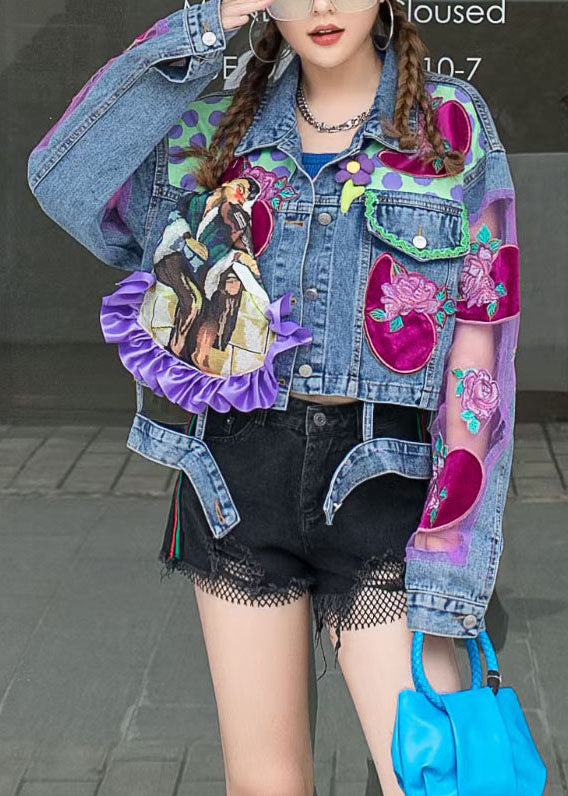Blue Ruffled Tulle Embroideried Patchwork Denim Jacket Spring
