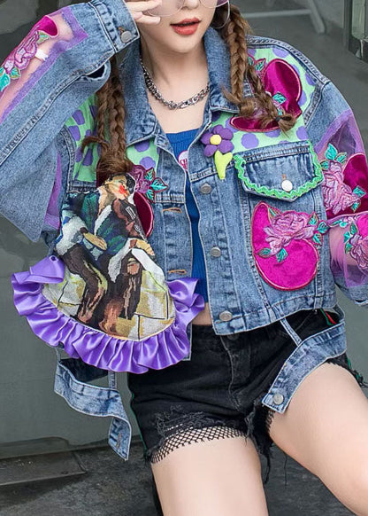 Blue Ruffled Tulle Embroideried Patchwork Denim Jacket Spring
