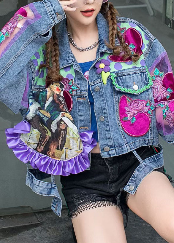 Blue Ruffled Tulle Embroideried Patchwork Denim Jacket Spring