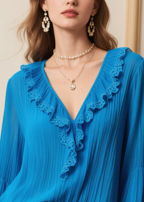 Blue Ruffled Wrinkled Chiffon Shirt Tops Spring