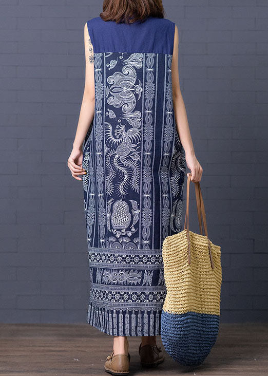 Blue Stand Collar Print Patchwork Cotton Summer Dress Sleeveless