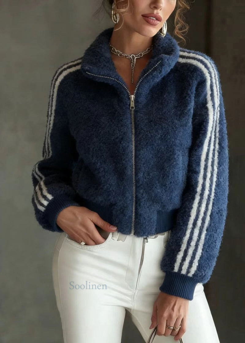 Blue Stand Collar Zip Up Striped Faux Fur Jackets Spring