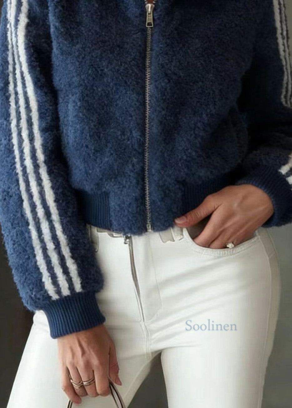 Blue Stand Collar Zip Up Striped Faux Fur Jackets Spring