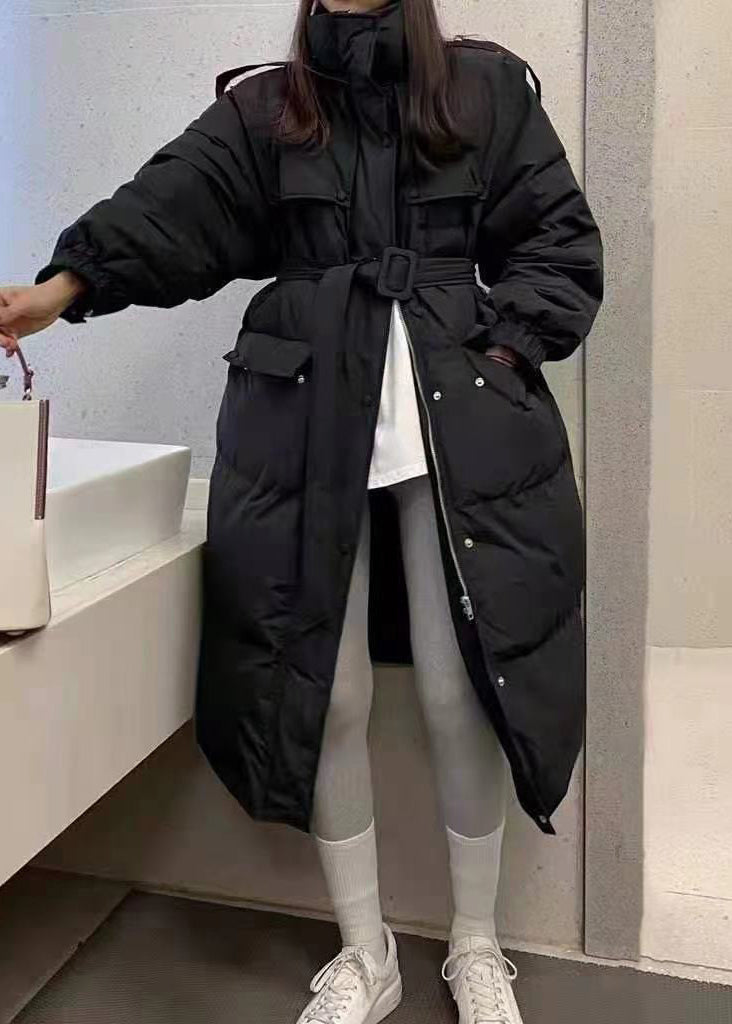 Blue Stand Collar Zippered Long Puffer Jacket Down Coat