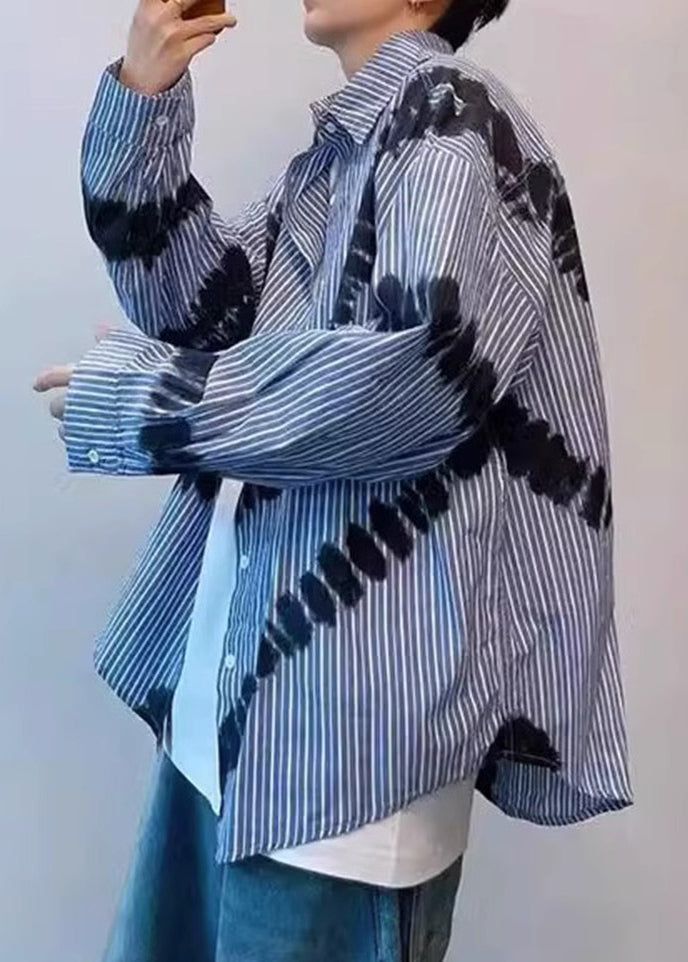 Blue Striped Tie Dye Cotton Shirts Spring