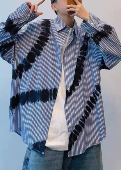 Chic Blue Striped Tie Dye Cotton Men Shirts Spring
