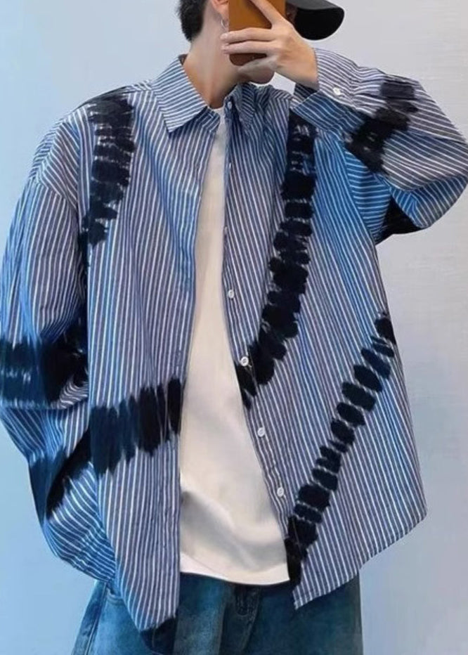 Blue Striped Tie Dye Cotton Shirts Spring