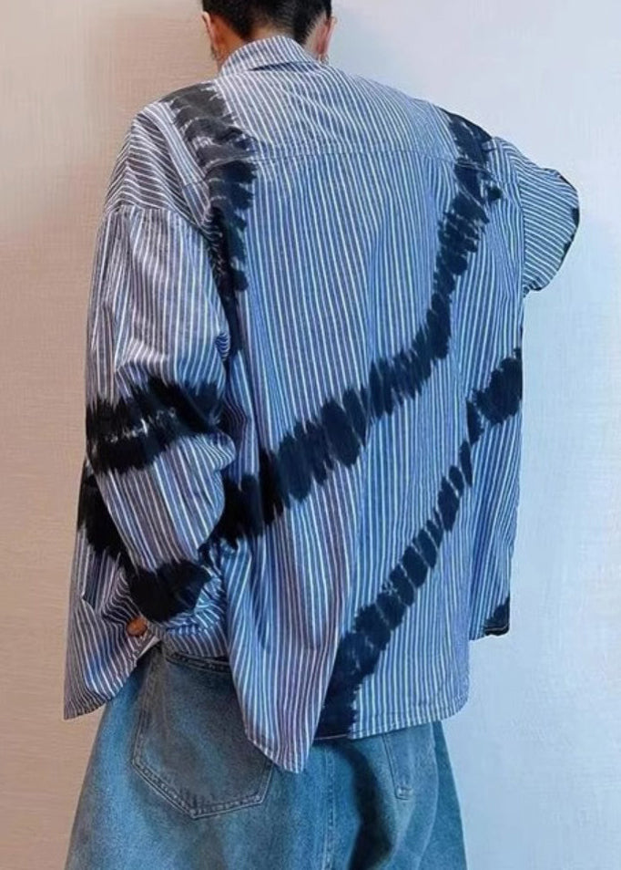 Blue Striped Tie Dye Cotton Shirts Spring