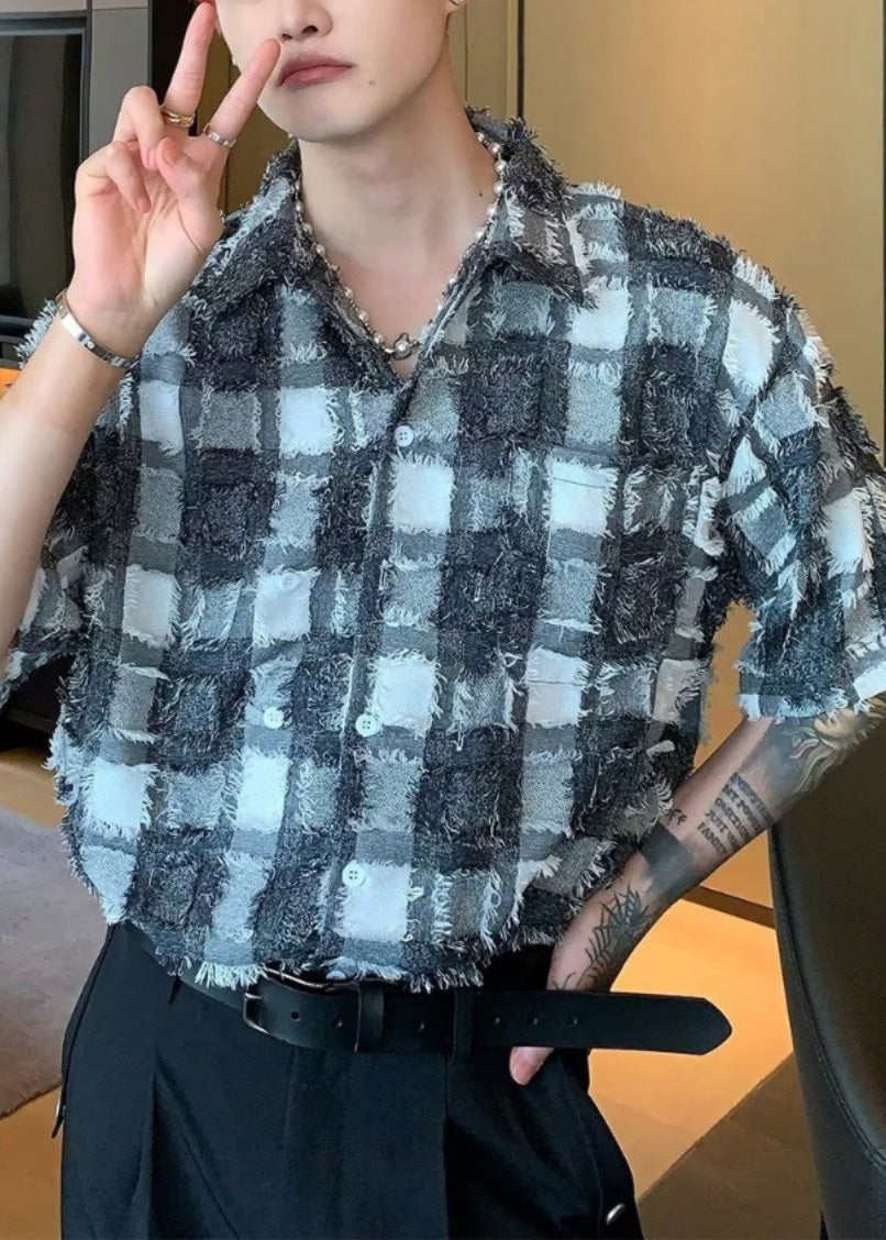 Blue Tasseled Plaid Pockets Cotton Shirts Summer