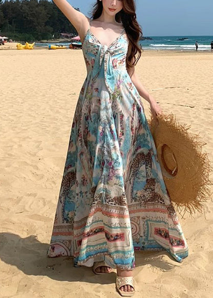 Blue V Neck Print Cotton Spaghetti Strap Dress Sleeveless