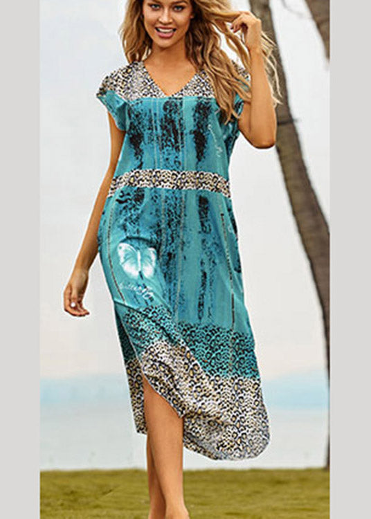 Blue V Neck Print Side Open Maxi Beach Dresses Summer