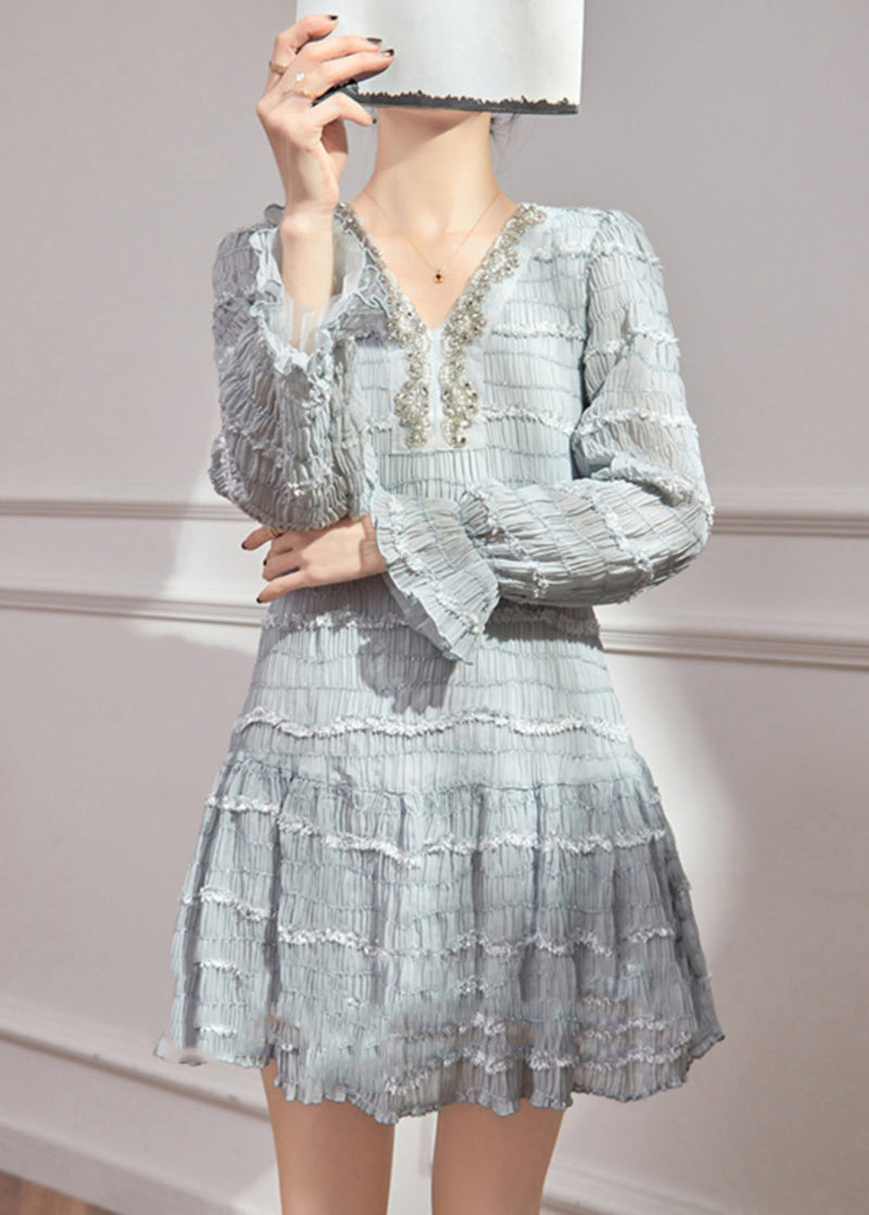 Blue V Neck Ruffled Patchwork Sequins Chiffon Mid Dress Flare Sleeve