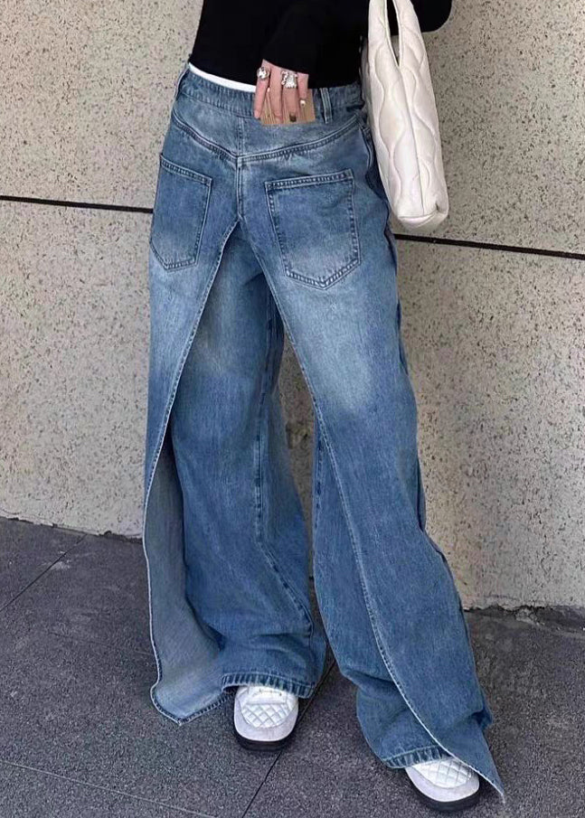 Blue Wear on Both Sides Patchwork Denim Pants Fall