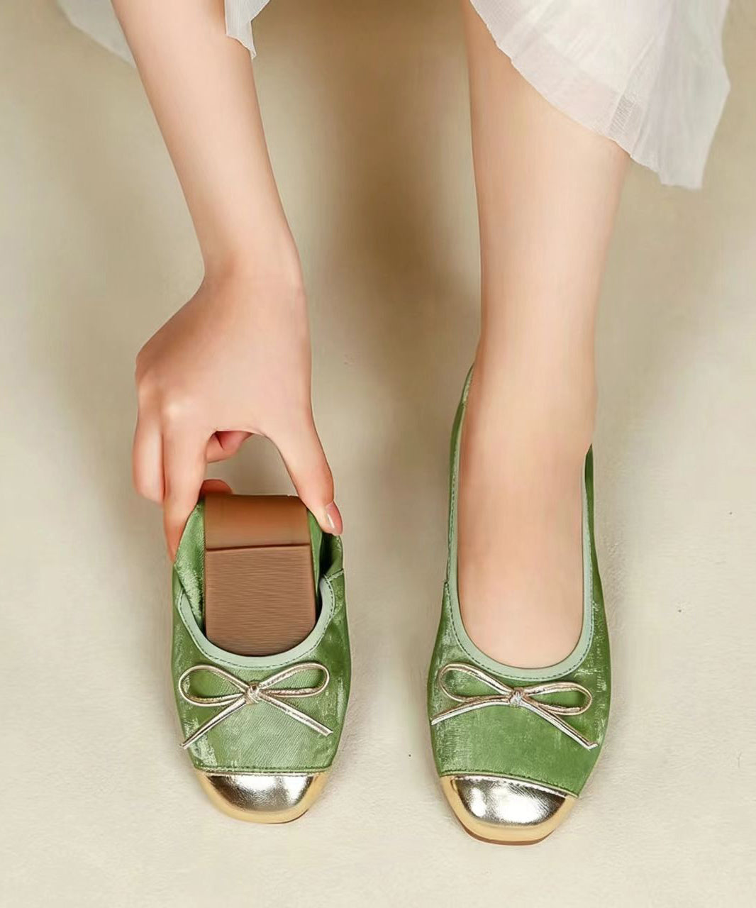 Bow Flat Shoes for Green Sheepskin