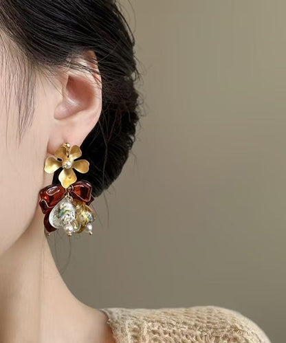 Brown Copper Overgild Zircon Asymmetrical Tassel Drop Earrings