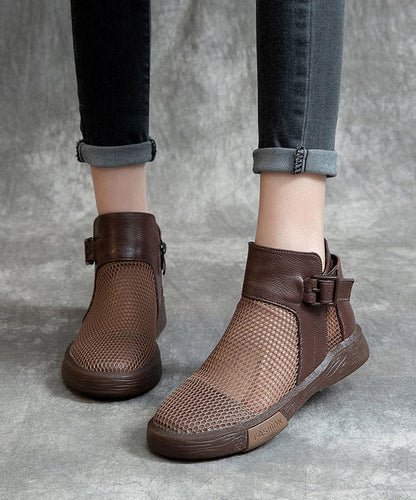 Brown Knit Fabric Hollow Out Splicing Flat Shoes