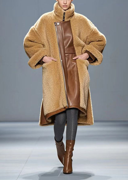 Brown Oversized Pu Patchwork Warm Fleece Trench Winter
