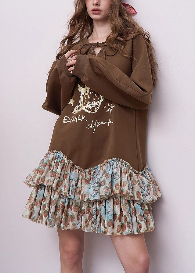 Brown Oversized Patchwork Cotton Sweatshirts Dress Spring