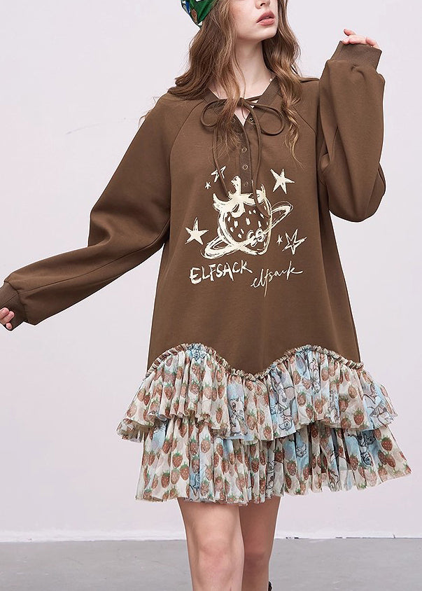 Brown Oversized Patchwork Cotton Sweatshirts Dress Spring