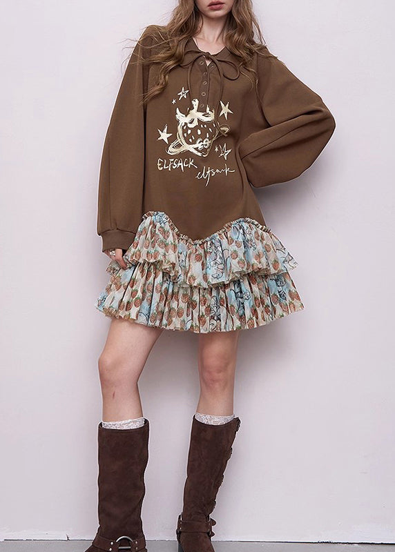 Brown Oversized Patchwork Cotton Sweatshirts Dress Spring