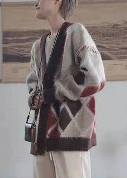 Brown Plaid Button Knit Cardigan Spring