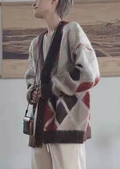 Brown Plaid Button Knit Cardigan Spring