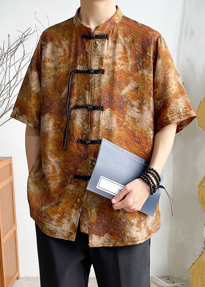 Brown Stand Collar Button Cotton Shirts Summer