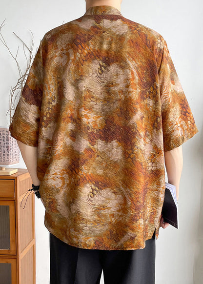 Brown Stand Collar Button Cotton Shirts Summer