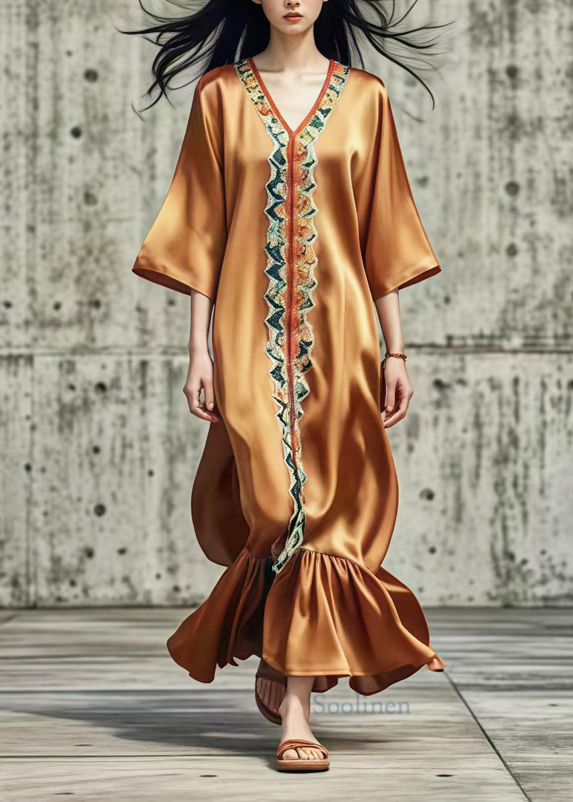 Brown V Neck Print Silk Ankle Dress Summer