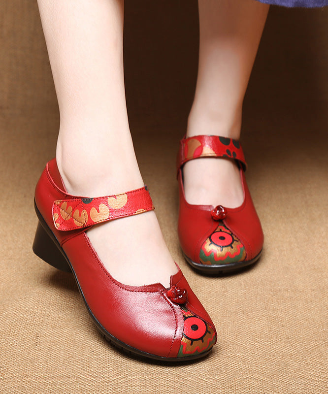 Buckle Strap Chunky High Heels Black Print Cowhide Leather