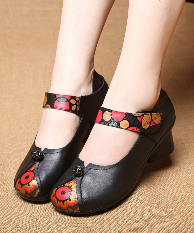 Buckle Strap Chunky High Heels Black Print Cowhide Leather