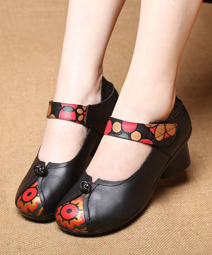 Buckle Strap Chunky High Heels Black Print Cowhide Leather