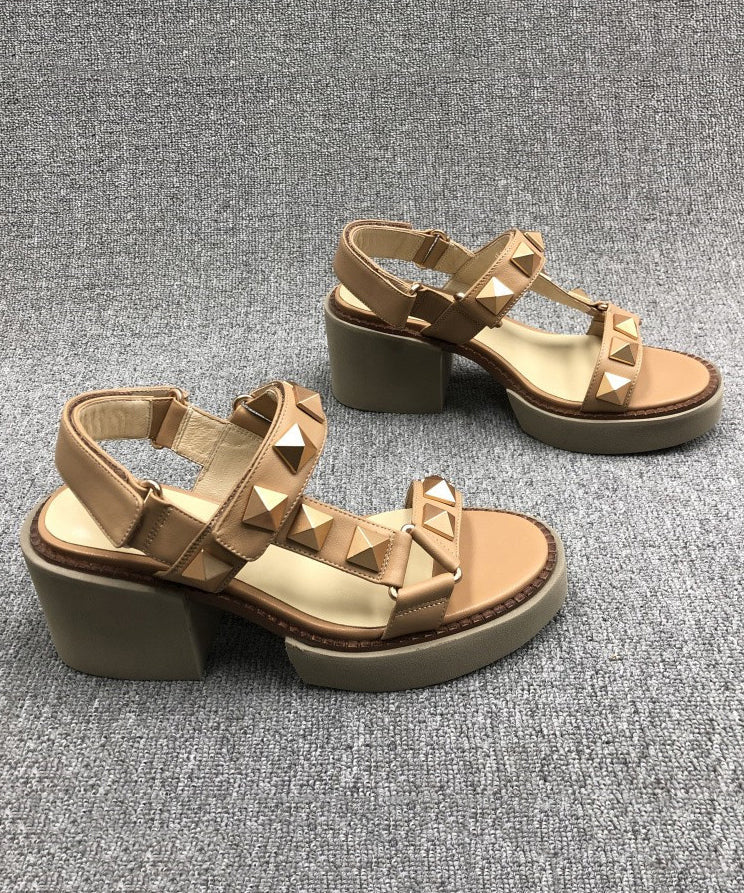 Camel Rivet Chunky Cowhide Leather Sandals