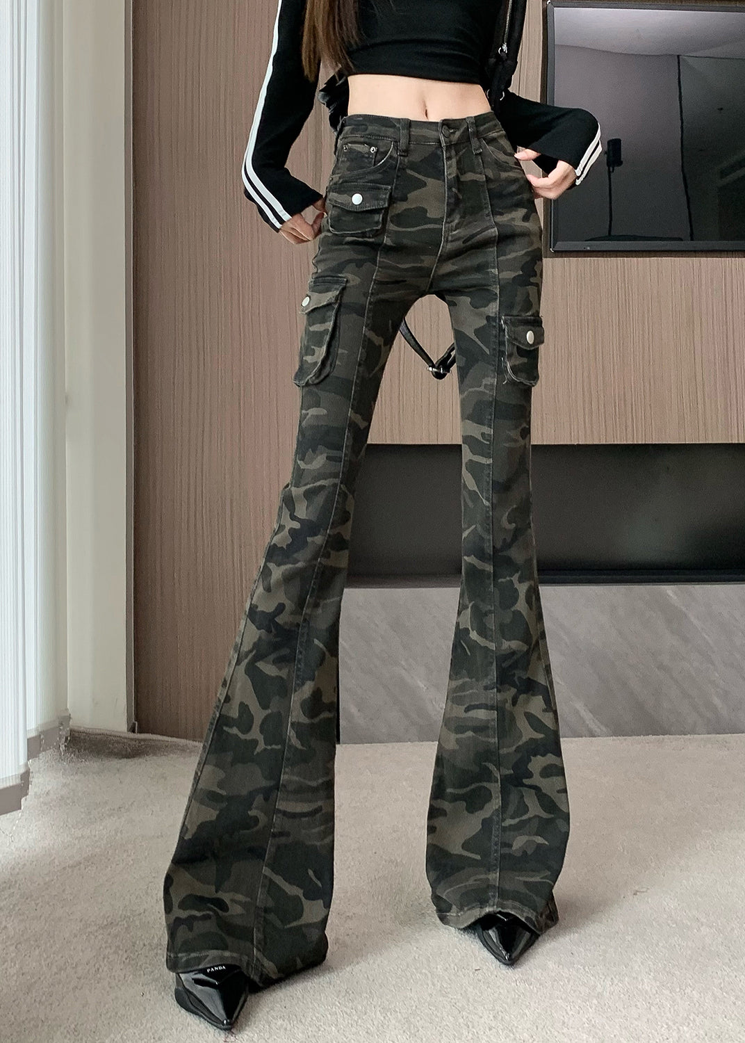 Camouflage Green Silm Fit Denim Flared Trousers Fall