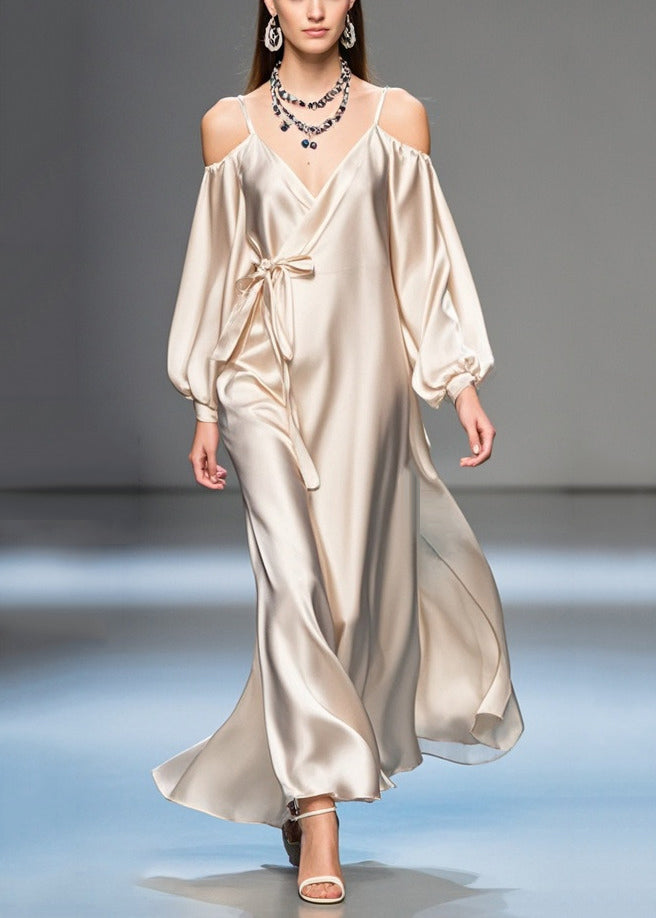 Champagne Cold Shoulder Tie Waist Silk Maxi Dresses Spring